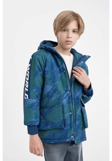 DeFacto Erkek Çocuk Su İtici Kapüşonlu Fermuarlı Çıtçıt Kapamalı Cepli Mont Parka C5521A824WNIN103