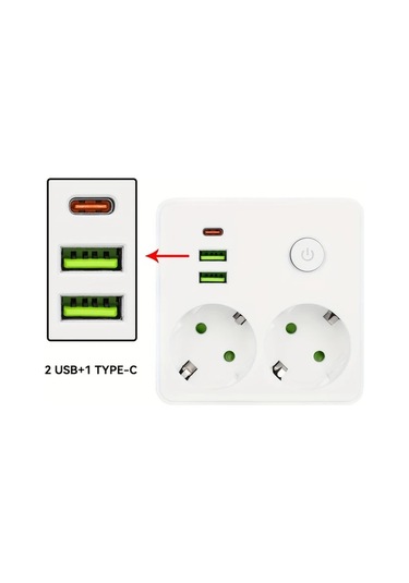 Beyaz 2500w Güç Şeridi Eu Fiş Prizi 2 Soketli Multitap Duvar Tipi Güç Şeridi Uzatma Kablosuz, 2 Usb & 1 Type-c Portlu