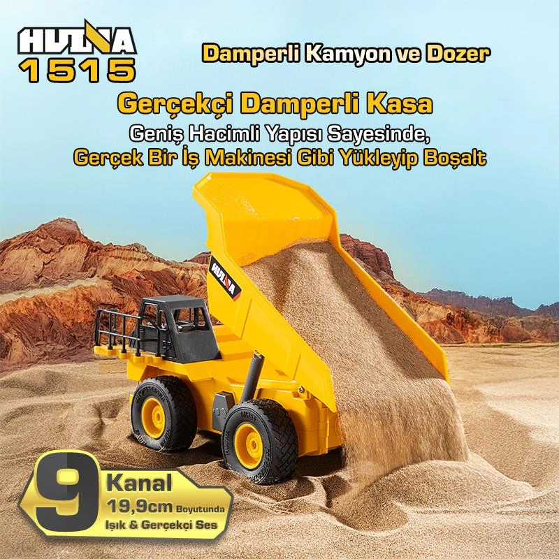 Huına 1515 1/24 9ch Rc Damperli Kamyon & Wheel Loader Dozer Kazıcı Set İş Makinesi İnşaat Uzaktan Kumandalı Rc Model Metal Kepçeli - 2.4g Gerçekçi Similasyon Ses Ve Işık Sistemi