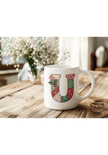 U Harfi Yılbaşı Temalı Kupa Bardak - Yeni Yıl Konsept Yamalı Efekt Tasarım - Noel Hediye Beyaz