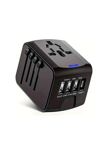 Fochsia Black Global Seyahat Adaptörü Tip C 3 Usb Port Ve Ac Prizli Evrensel Seyahat Şarj Aleti