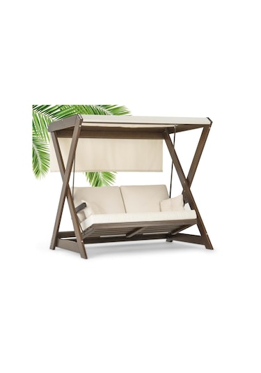 Holox Ladin Ahşap Salıncak Dış Mekan Bahçe, Teras Salıncağı -krem Krem