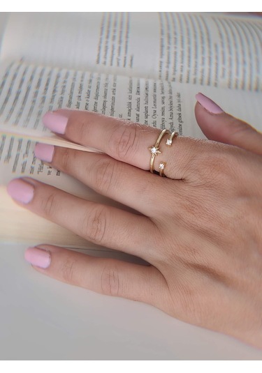 İki Sıralı Yıldız Zirkon Taşlı Ayarlanabilir Gold Altın Renkli Yüzük Gold