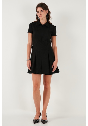 Lela Regular Fit Fermuarlı Polo Yaka Kısa Kollu Pileli Süet Bayan Elbise 5866438 Siyah