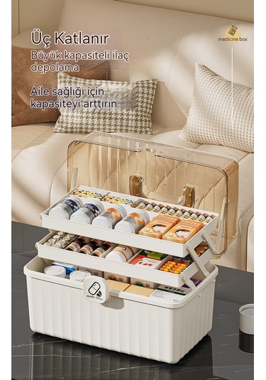 Bosphorusboutique02 Çok Katlı Büyük Kapasiteli Taşınabilir Tıbbi Acil İlaç Kutusu, Bej Ve Beyaz Fildişi Renklerinde, Ekstra Büyük Ve Taşınabilir Design Beyaz