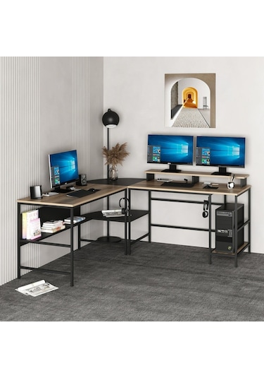 Minarmobilya Minar Greta L Köşe Çalışma Masası - Dore/Siyah Ceviz