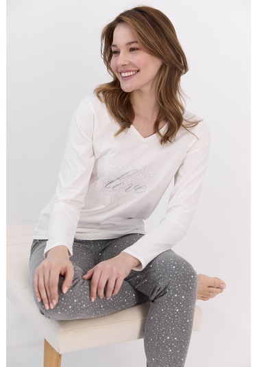 Arnetta Krem Love Puantiyeli Kadın Pijama Takımı 5274-27864
