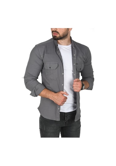 Deepsea Erkek Gri Büyük Beden Pamuklu Likralı Spor Gömlek Dar Kalıp, Çıt Çıt Kapamalı 2500423 Gri