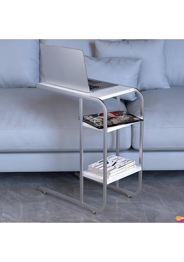 Modilayn C Yan Sehpa Dar Boy Tekerlekli Çalışma, Atıştırmalık, Yemek, Laptop Sehpası Beyaz Desenli Beyaz