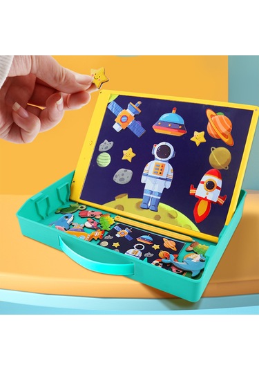 Kangvka 11 İnç Çift Taraflı Çocuk Tahtası - Abs Malzeme, Sarı+yeşil Renk, Manyetik Puzzle Ve Kalem İçeren Çizim Ve Yazma Seti Çok Renkli