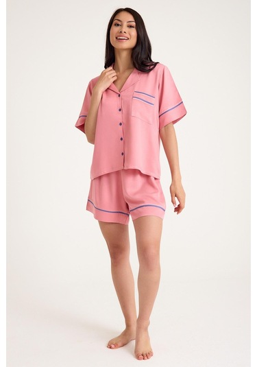 Dream Mavi/pembe Kısa Kollu Şortlu Önden Düğmeli 4 Parça Pijama Takım Set Mavi/pembe