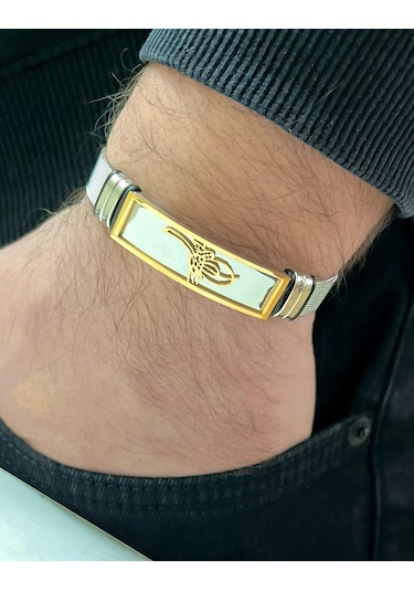 Osmanlı Tuğra Figürlü Kemer Kordon Çelik Kararmaz Erkek Bileklik Gümüş