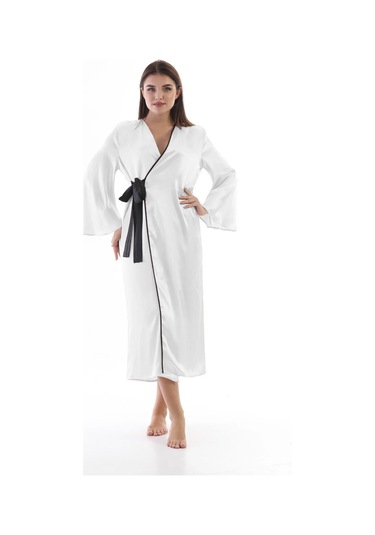 Laperissa Kadın Beyaz Saten Sabahlık Kuşaklı Siyah Biyeli Şık Ev Giyim Beyaz