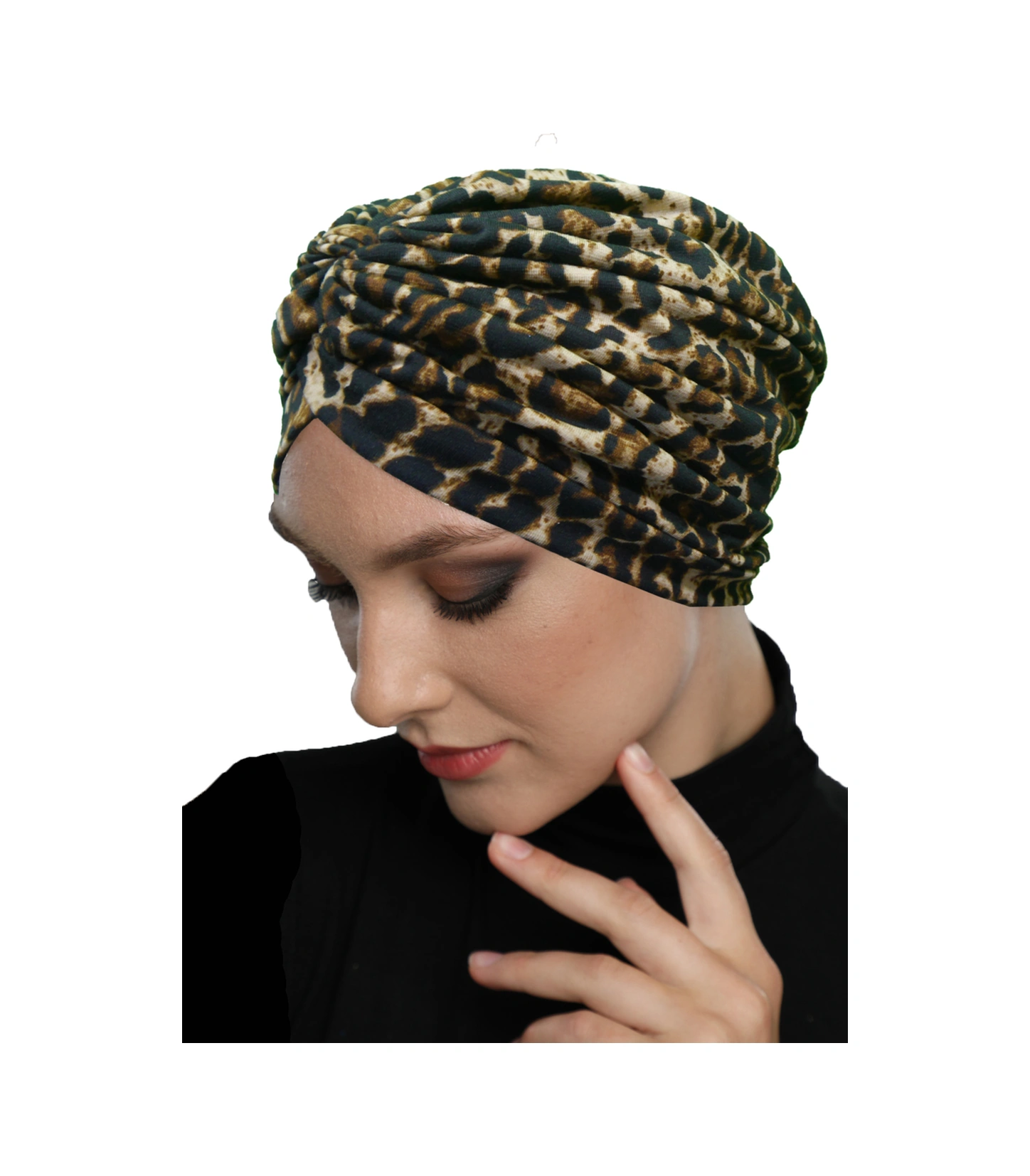 Savanna Vog Desenli Çapraz Ve Bant Detaylı Astarlı Hazır Türban Tesettür Havuz Bonesi Koyu Leopar