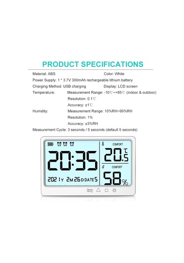 Youtek Beyaz Usb Şarjlı Lcd Ekranlı Dijital Hava Nem Ve Sıcaklık Ölçer - Saat, Tarih, Alarm Ve Işık Fonksiyonlu Ev Ofis Tespit Cihazı