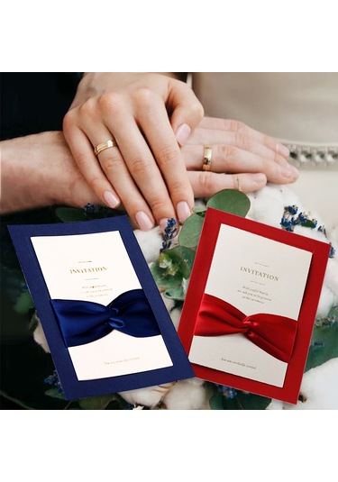 Shineyee 10 Adet Kırmızı Bow Kumaşlı Davetiye Seti - Zarf + Boş İç Kart + Kılıf + Askı, Düğün & Parti İçin Elegan Tasarım
