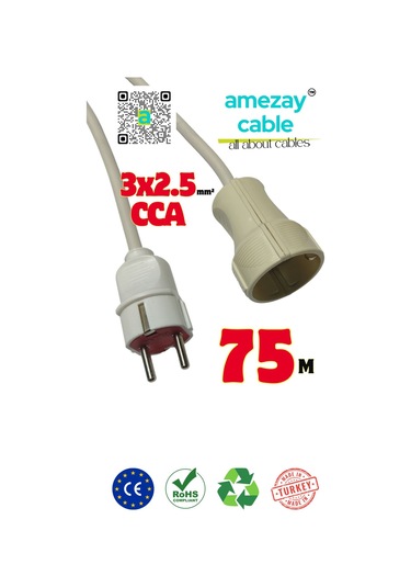 75 Metre Uzatma Kablosu Tek Prizli Cca 3x2.5mm² Tamir Bakımda Yardımcı Amezay Cable 75 Metre