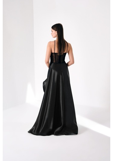 Explosion Kadın Üçgen Asimetrik Yakalı Transparan Korsajlı Şık Maxi Abiye Elbise 57659 Siyah