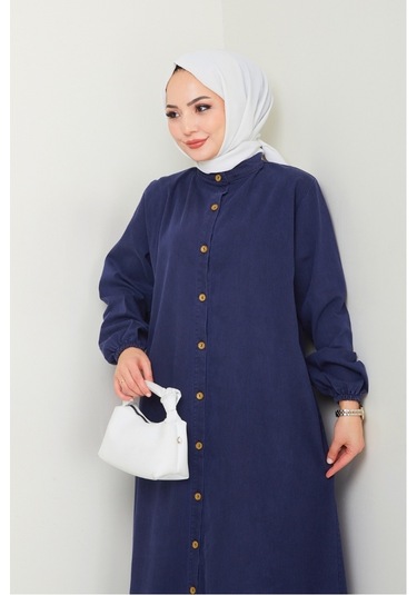 Ziyer Boydan Düğmeli Kot Elbise 1498 - Lacivert Lacivert