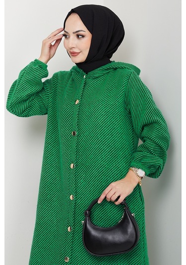 Çizgi Detay Kapüşonlu Kaşe Kap 1634 - Yeşil Yeşil