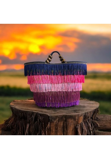 Hasır Çanta, Plaj Çantası, Tasarım Çanta, Renkli Püsküllü El Çantası Lacivert