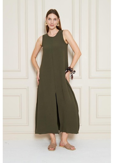 Kadın Sıfır Kol Aerobin Kumaş A Kesim Yırtmaçlı Maxi Yazlık Elbise 3760330 Haki