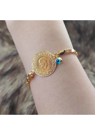 Altınbeyi Yarım Altınlı Pullu Zincirli Bileklik Sarı Altın