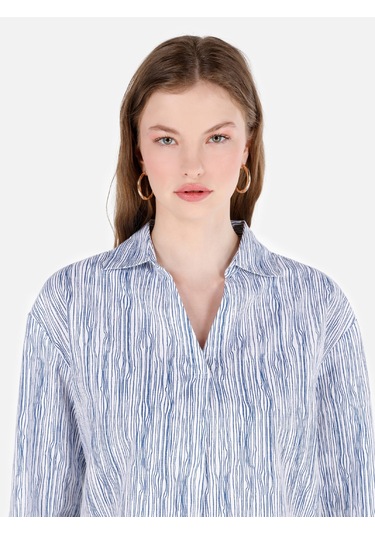 Colins Regular Fit Shirt Yaka Roll-up Kol Çizgili Beyaz Kadın Uzun Kol Gömlek Cl1069201 Q1.v1 Ofw Beyaz