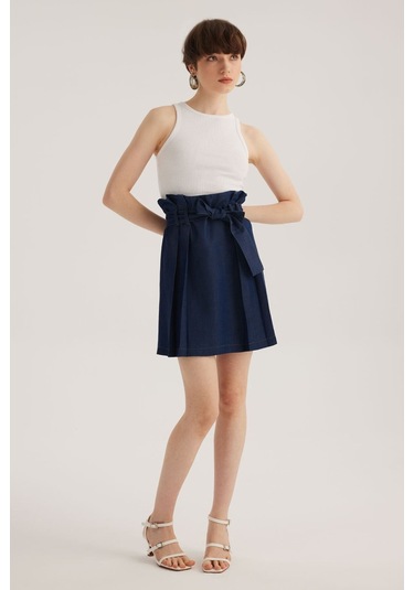 Stella Pulvis Mavi Yüksek Bel Pileli Kot Etek Mavi