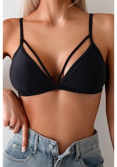 Angelsin Metal Kopçalı Şık Bikini Üstü Çıkartılabilir Kaplı Siyah