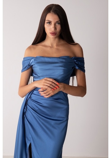 Belamore Indigo Drape Detaylı Saten Kumaş Abiye 9704858.98