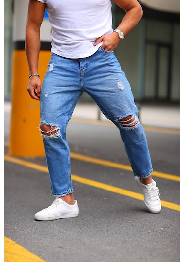 Boyfriend Diz Yırtık Modelli Kot Pantolon Mavi