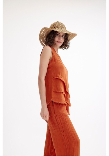 Pamuk Müslin Üçgen Bluz - Şık Ve Rahat Yaz Tasarımı Kiremit