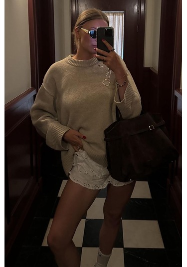 Bej Bisiklet Yaka Oversize Triko Kazak Mg1972 Bej