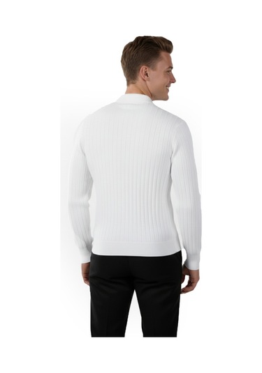 Deepsea Erkek Beyaz Polo Yaka Fitilli Triko Kazak %100 Pamuk, Esnek Dokulu, Modern Kalıp 2605305 Beyaz