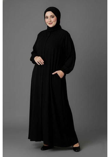 Medine İpeği Mevlana Kesim Cepli Kuşaklı Bol Büyük Beden Ferace Siyah