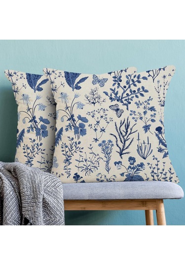 Moveevo 45x45 Cm 2 Adet Poliester Linen Kırmızı Çiçek Desenli Yastık Kılıfı - Gizli Fermuar, Dayanıklı, Ev/koltuk/araba İçin Mavi