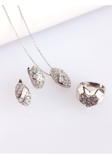 Baget Işıltılı Su Yolu Tasarım Kolye Küpe Yüzük Kadın Gümüş Set