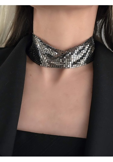 Arpa Pul Payet Zırh Metal Geniş Model Antrasit Choker Kolye Antrasit Çok Renkli