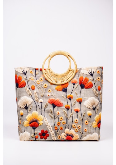 Fabric Craft Bag El Çantası Duck Kumaş Bambu Saplı Desenli Çok renkli