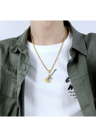 Relaxed Kişiselleştirilmiş Moda Avrupa Ve Amerikan Hip-hop Paslanmaz Çelik Gitar Kolye Titanyum Çelik Kolye-altın -inci Tel 3 55cm Altın