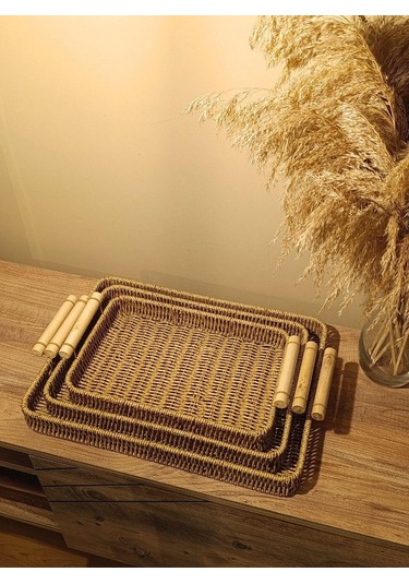 Hasır Rattan Sunum Tepsi 3'lü Organizer Bambu Kulplu Dikdörtgen Diğer