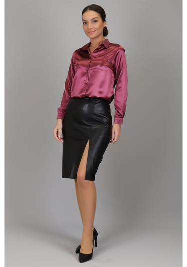 Sweetness Kadın Gül Kurusu Saten Uzun Kol Abiye Gömlek Gülkurusu