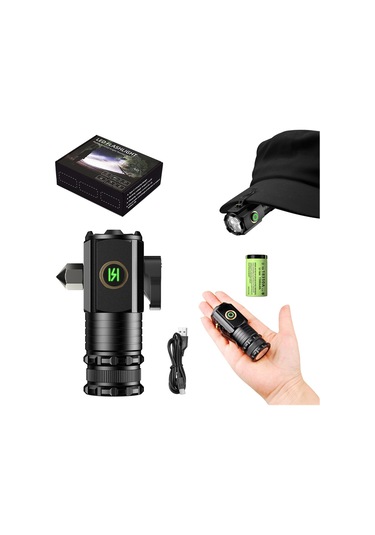 Vkemall 1600lm 5 Modlu Çok Fonksiyonlu Mini El Feneri, Şapka Işığı, Ipx5 Su Geçirmez, Usb Şarjlı, Aluminyum Alyazı, 200+ Metre Işık Mesafesi Siyah