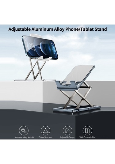 Novahub Moderne Ayarlanabilir Alüminyum Telefon Tablet Standı - Katlanabilir, Taşınabilir, Gümüş/mavi, 11.7x7.2x1.1 Cm, Hafif