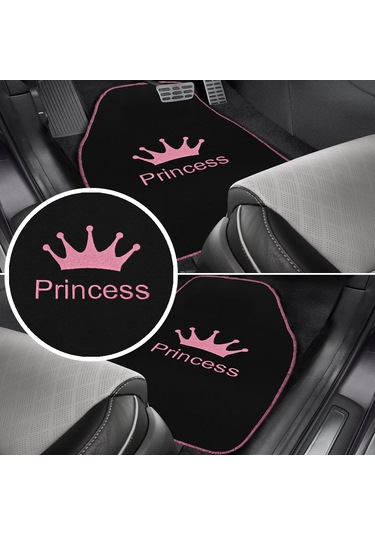 Prenses Gibi Arabana Hava Kat Taç Desenli Pembe Nakışlı 5 Li Oto Halı Paspas Seti