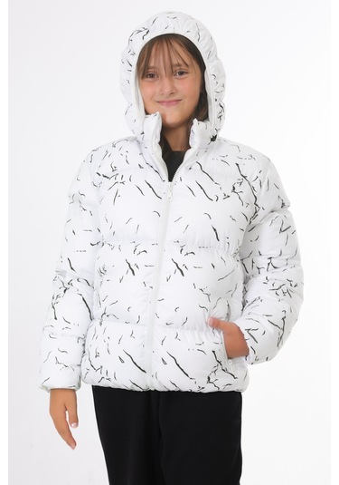 Kız Çocuk Beyaz Çıkabilir Kapüşonlu Su Ve Rüzgar Geçirmez Cepli Kışlık Şişme Mont & Kaban & Parka Beyaz