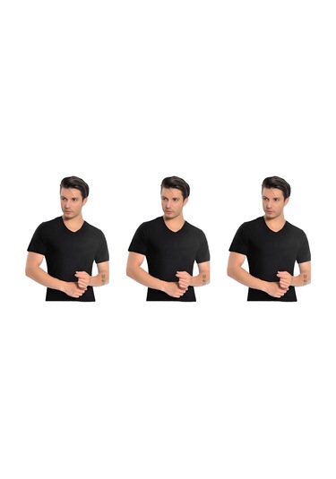 Erkek Modal V Yaka Kısa Kol 3'lü Paket 3043 Siyah