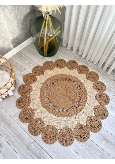 Natura El Dokuma Jüt Bohem Tarz Otantik Salon Oturma Odası Koridor Natural Halı Pamuklu Halı Kırcıllı-krem