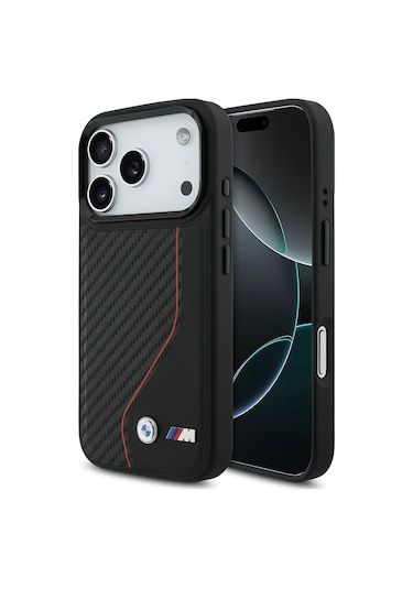 İphone Uyumlu 17 Pro Kılıf Bmw Lisanslı M-safe Şarj Özellikli Metal Bmw Ve M Logolu Pu Karbon Kırmızı